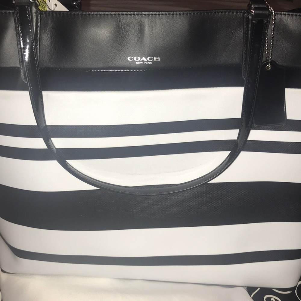 Coach Black & White Canvas Stripe Tote